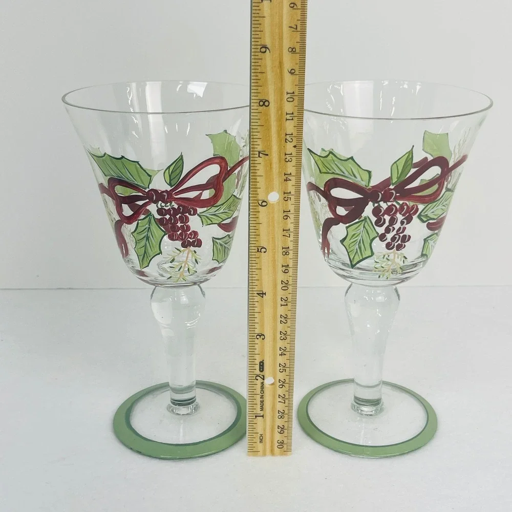 Hand Painted Christmas Holly Berry Wine Glasses Set of 2 Holiday Goblets 8.5